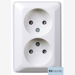 RS Renhvit utenpliggende dobbel stikkontakt uten jord, benyttes ved rehabilitering