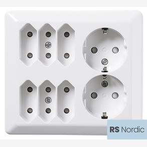 RS Renhvit multistikkontakt med to uttak med jord og 6 stk Eurostikk, for bruk med tv eller stereo