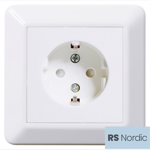 RS Renhvit enkel stikkontakt med separat sentralplate og ramme.